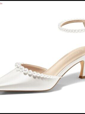 Satin Pearl Kitten Heels Closed Pointed Toe Ankle Strap Wedding Dress Pumps